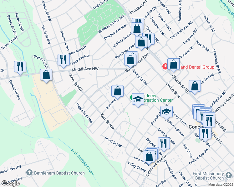 map of restaurants, bars, coffee shops, grocery stores, and more near 145 Elm Avenue Northwest in Concord