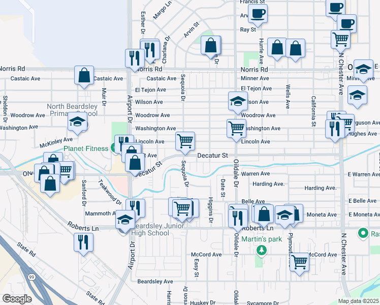 map of restaurants, bars, coffee shops, grocery stores, and more near 618 Decatur Street in Bakersfield