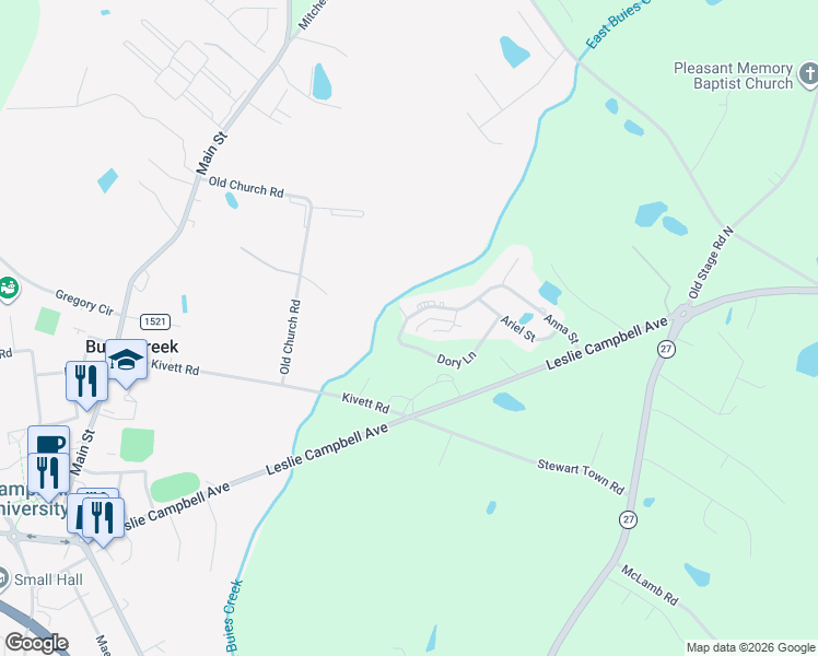 map of restaurants, bars, coffee shops, grocery stores, and more near 499 Anna Street in Lillington