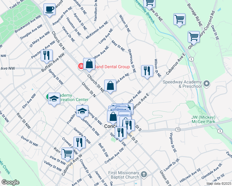 map of restaurants, bars, coffee shops, grocery stores, and more near 57 Creswell Drive Northeast in Concord