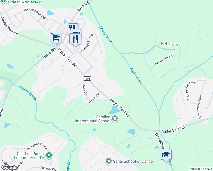 map of restaurants, bars, coffee shops, grocery stores, and more near 1187 Janrose Court Northwest in Concord
