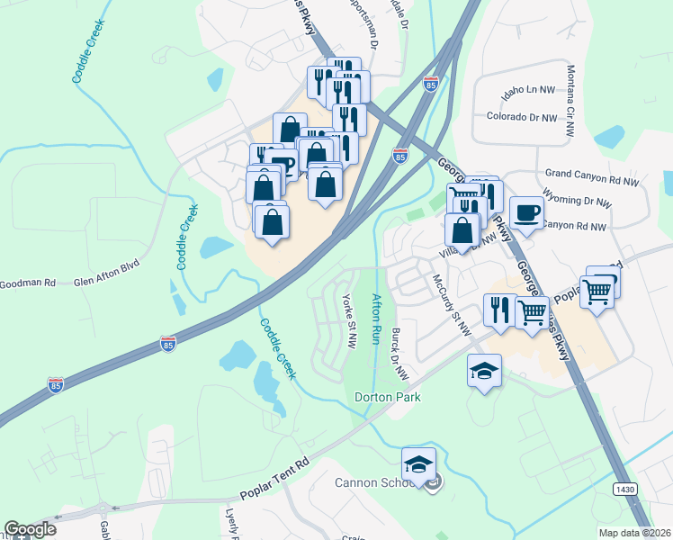 map of restaurants, bars, coffee shops, grocery stores, and more near 5951 Village Drive Northwest in Concord
