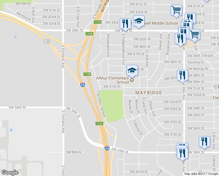 map of restaurants, bars, coffee shops, grocery stores, and more near 3336 Southwest 51st Street in Oklahoma City