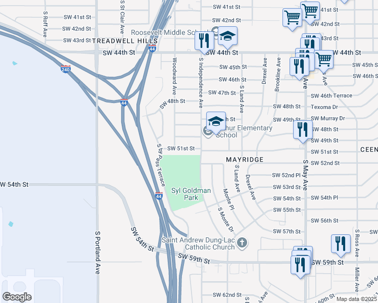 map of restaurants, bars, coffee shops, grocery stores, and more near 3304 Southwest 51st Street in Oklahoma City