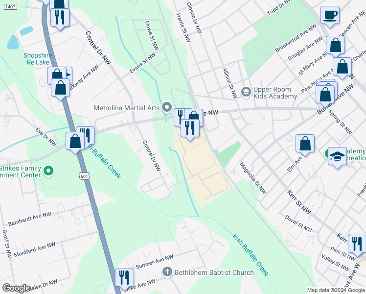 map of restaurants, bars, coffee shops, grocery stores, and more near Central Drive in Concord