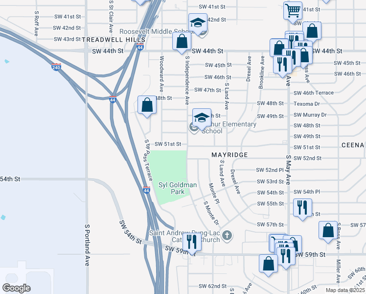 map of restaurants, bars, coffee shops, grocery stores, and more near 3304 Southwest 51st Street in Oklahoma City