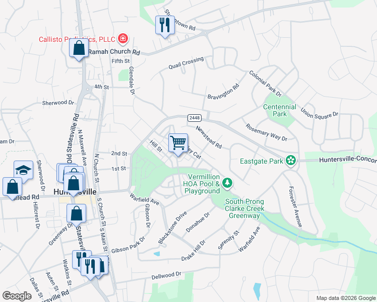 map of restaurants, bars, coffee shops, grocery stores, and more near 13720 Anthea Lane in Huntersville