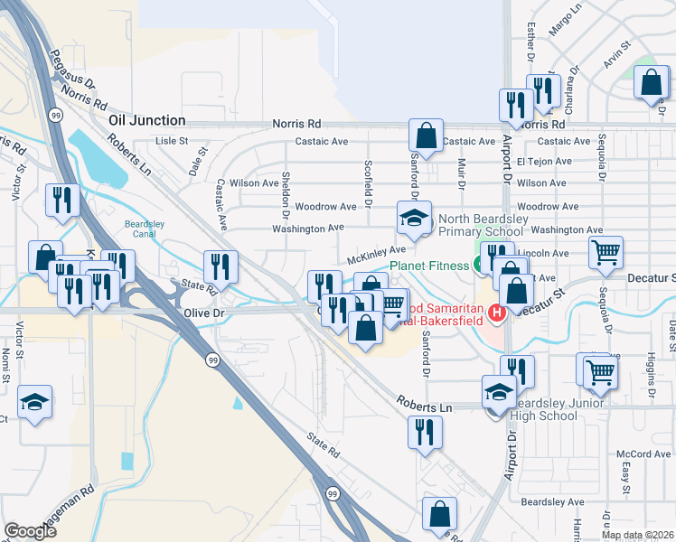 map of restaurants, bars, coffee shops, grocery stores, and more near 1219 McKinley Avenue in Bakersfield