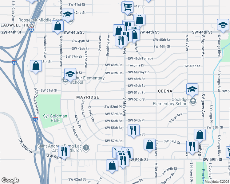 map of restaurants, bars, coffee shops, grocery stores, and more near 2941 Southwest 52nd Street in Oklahoma City