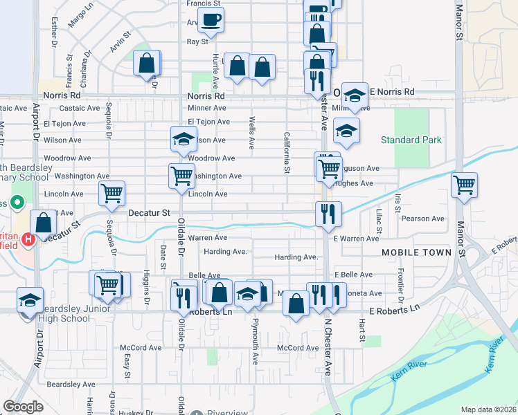 map of restaurants, bars, coffee shops, grocery stores, and more near 213 Decatur Street in Bakersfield