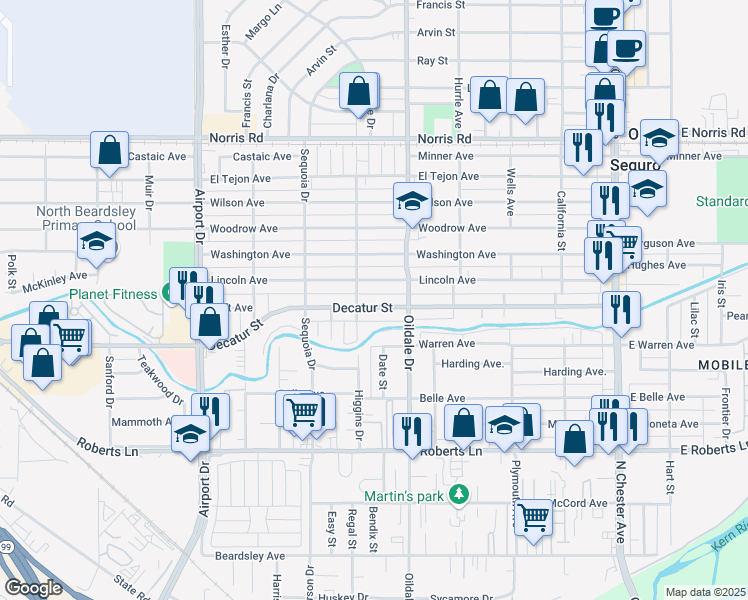 map of restaurants, bars, coffee shops, grocery stores, and more near 511 Decatur Street in Bakersfield