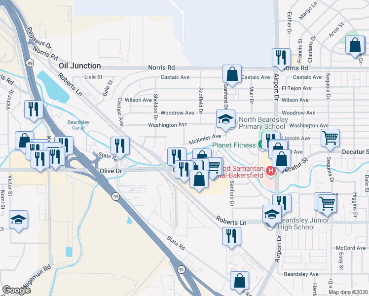map of restaurants, bars, coffee shops, grocery stores, and more near 1219 McKinley Avenue in Bakersfield