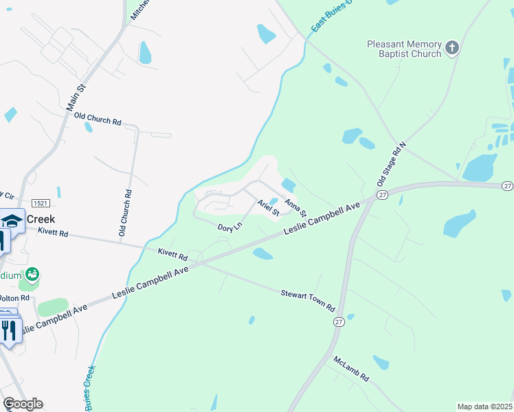 map of restaurants, bars, coffee shops, grocery stores, and more near Dory Ln in Lillington