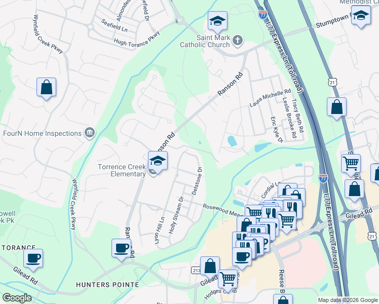 map of restaurants, bars, coffee shops, grocery stores, and more near 13705 Delstone Drive in Huntersville