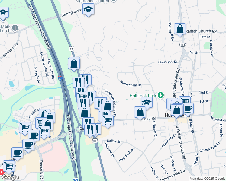 map of restaurants, bars, coffee shops, grocery stores, and more near 250 Commerce Centre Drive in Huntersville