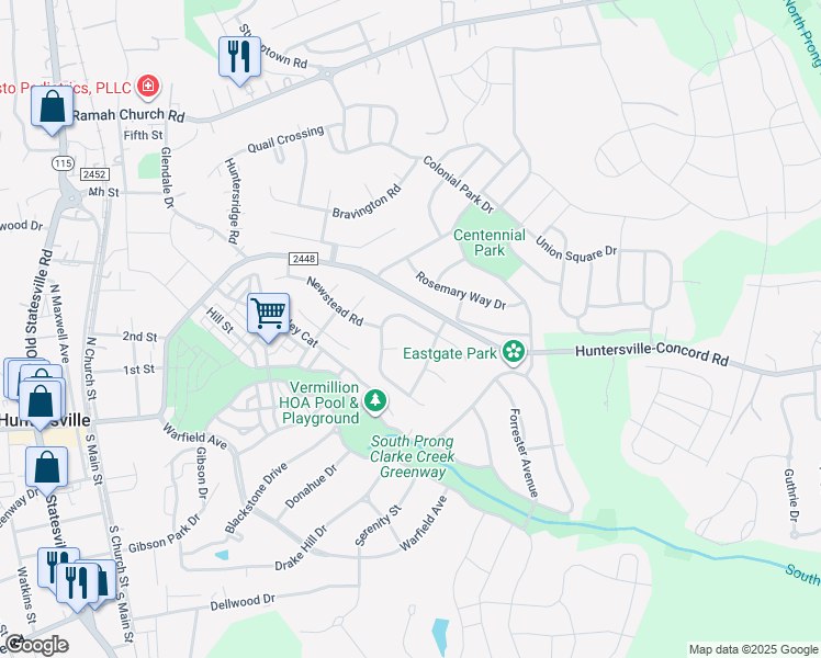 map of restaurants, bars, coffee shops, grocery stores, and more near 12628 Levins Hall Road in Huntersville