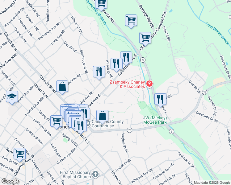 map of restaurants, bars, coffee shops, grocery stores, and more near 168 Patterson Avenue Southeast in Concord