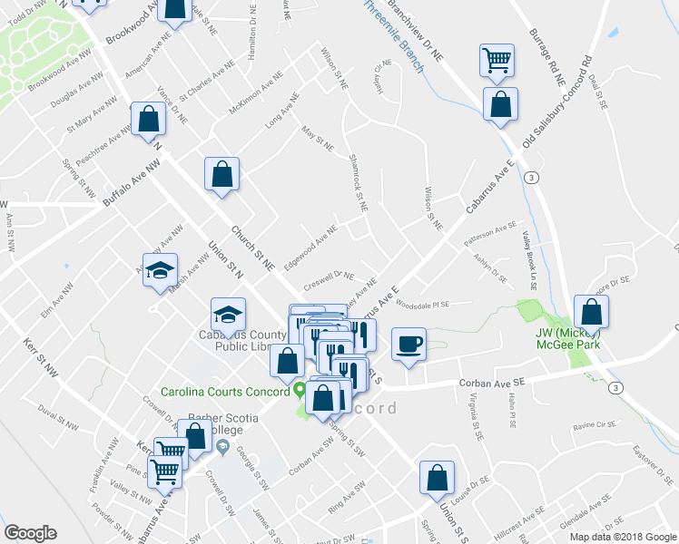 map of restaurants, bars, coffee shops, grocery stores, and more near 75 Creswell Drive Northeast in Concord