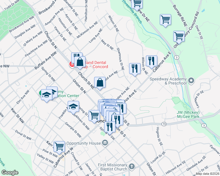 map of restaurants, bars, coffee shops, grocery stores, and more near 54 Creswell Drive Northeast in Concord
