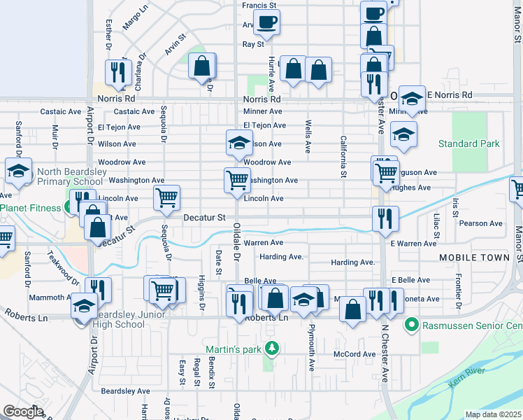 map of restaurants, bars, coffee shops, grocery stores, and more near 323 Decatur Street in Bakersfield