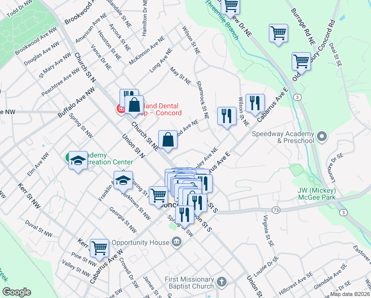 map of restaurants, bars, coffee shops, grocery stores, and more near 54 Creswell Drive Northeast in Concord