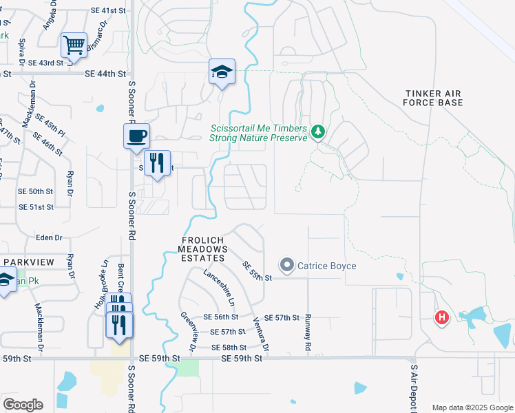 map of restaurants, bars, coffee shops, grocery stores, and more near 6305 Southeast 52nd Street in Oklahoma City