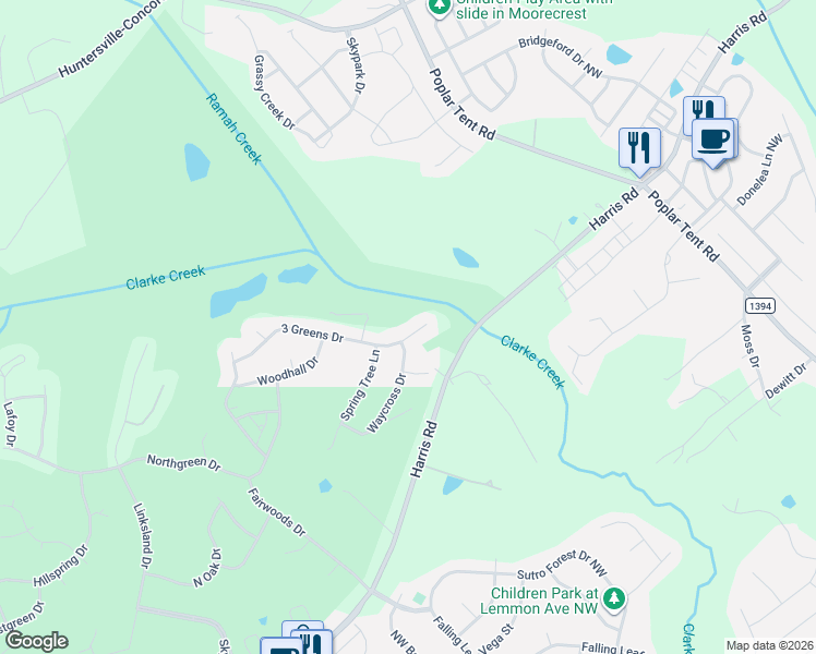 map of restaurants, bars, coffee shops, grocery stores, and more near 208 3 Greens Drive in Huntersville