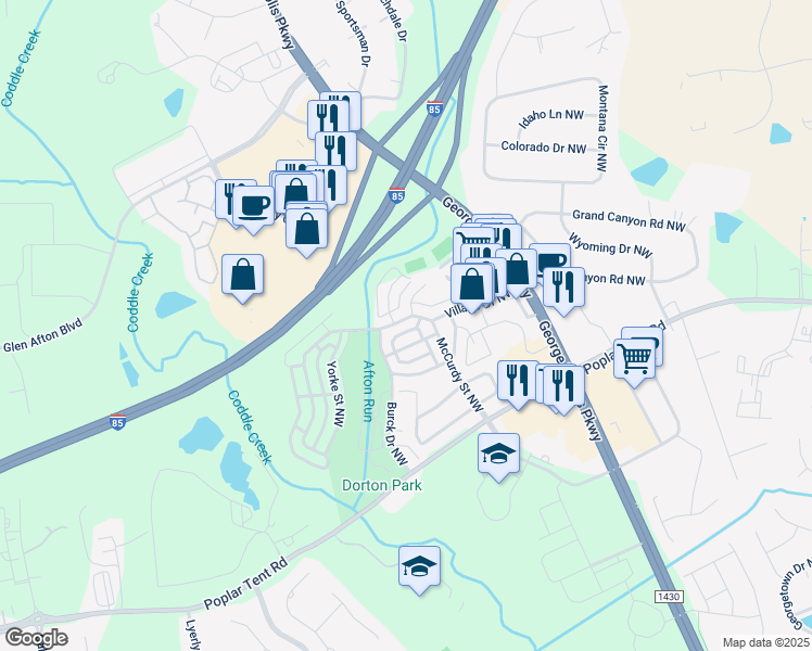 map of restaurants, bars, coffee shops, grocery stores, and more near 5749 Village Drive Northwest in Concord