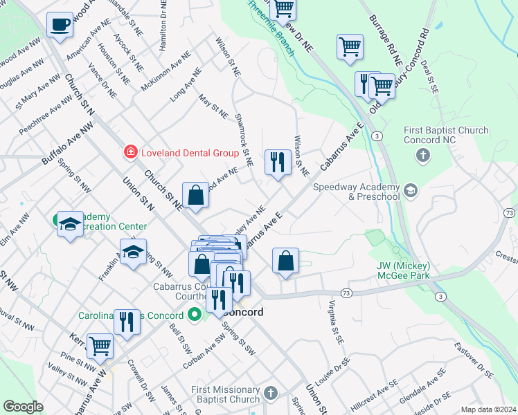 map of restaurants, bars, coffee shops, grocery stores, and more near 121 Brumley Avenue Northeast in Concord