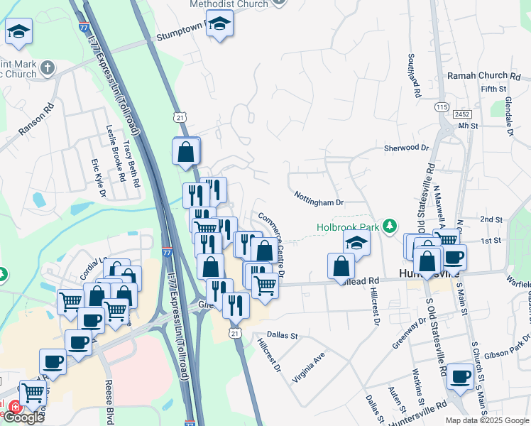 map of restaurants, bars, coffee shops, grocery stores, and more near in Huntersville