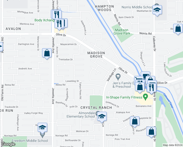 map of restaurants, bars, coffee shops, grocery stores, and more near 5906 Pendleton Falls Drive in Bakersfield