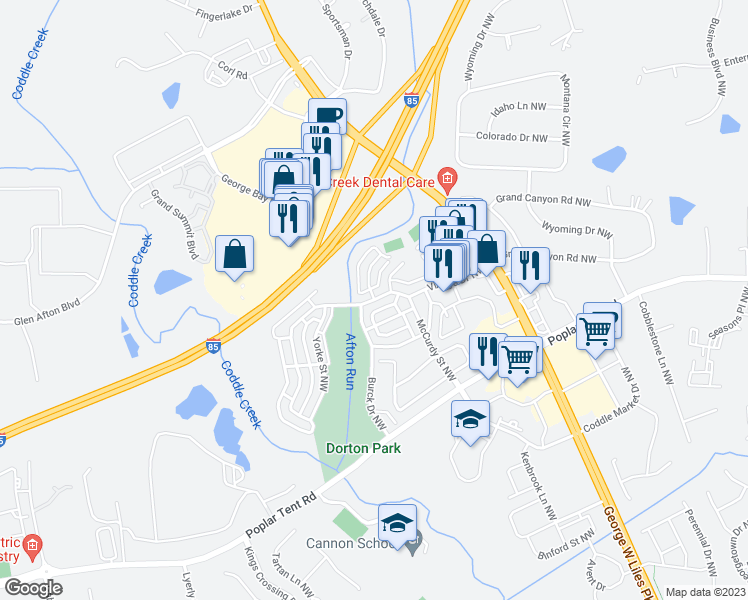 map of restaurants, bars, coffee shops, grocery stores, and more near 5637 Village Drive Northwest in Concord
