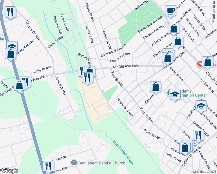 map of restaurants, bars, coffee shops, grocery stores, and more near 299 Misenheimer Drive Northwest in Concord