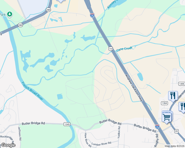 map of restaurants, bars, coffee shops, grocery stores, and more near 351 Tap Root Lane in Fletcher