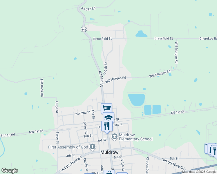 map of restaurants, bars, coffee shops, grocery stores, and more near 108 Cardinal Circle in Muldrow