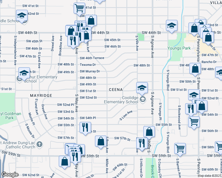map of restaurants, bars, coffee shops, grocery stores, and more near 2620 Southwest 51st Street in Oklahoma City