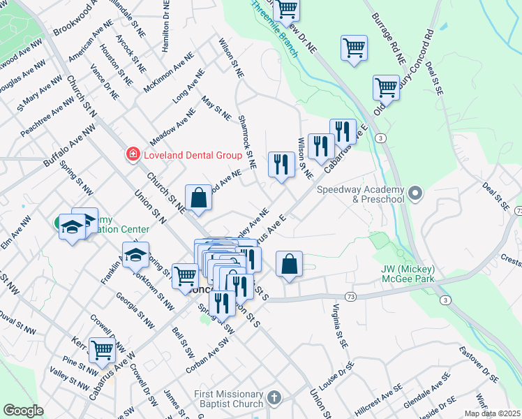 map of restaurants, bars, coffee shops, grocery stores, and more near 121 Brumley Avenue Northeast in Concord