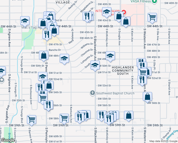 map of restaurants, bars, coffee shops, grocery stores, and more near 1325 Southwest 51st Street in Oklahoma City