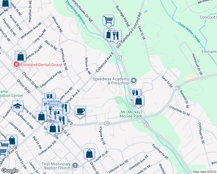 map of restaurants, bars, coffee shops, grocery stores, and more near Ashlyn Drive Southeast in Concord