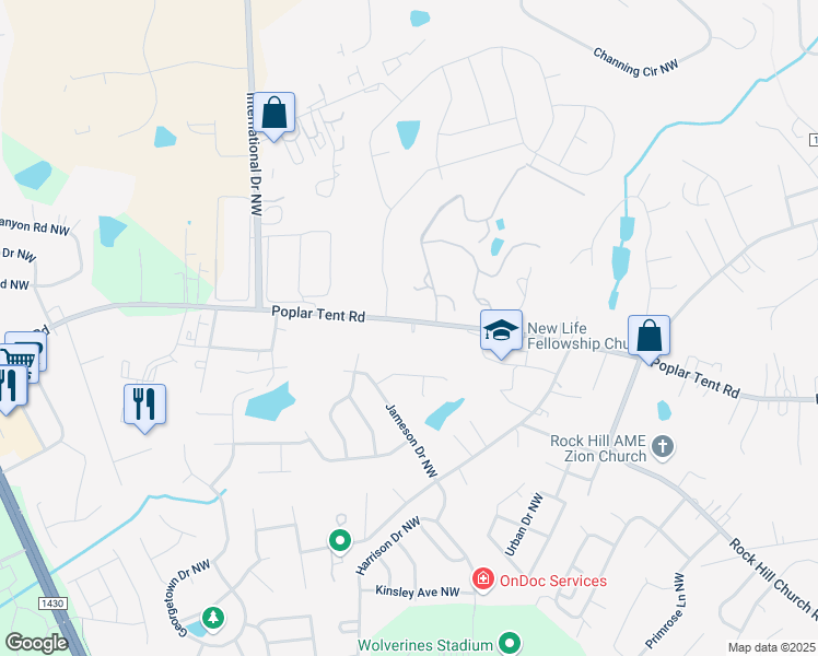 map of restaurants, bars, coffee shops, grocery stores, and more near 4225 Poplar Tent Road in Concord