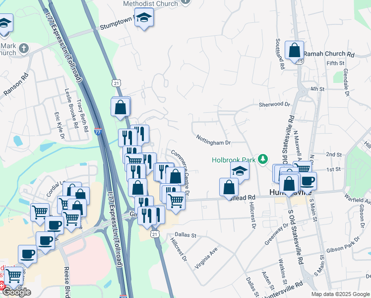map of restaurants, bars, coffee shops, grocery stores, and more near 250 Commerce Centre Drive in Huntersville