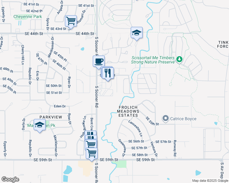map of restaurants, bars, coffee shops, grocery stores, and more near 5209 Tinker Road in Oklahoma City