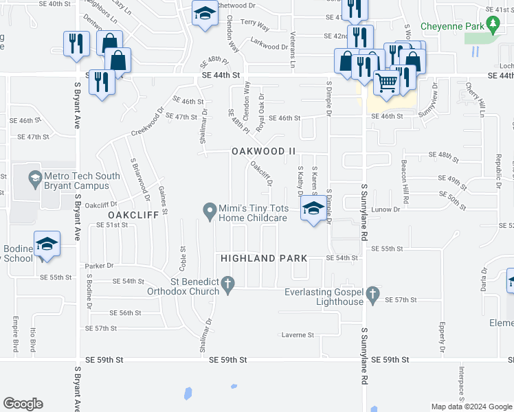 map of restaurants, bars, coffee shops, grocery stores, and more near 3805 Spitz Drive in Oklahoma City