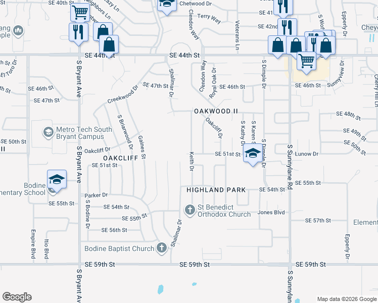 map of restaurants, bars, coffee shops, grocery stores, and more near 5200 Shalimar Drive in Oklahoma City