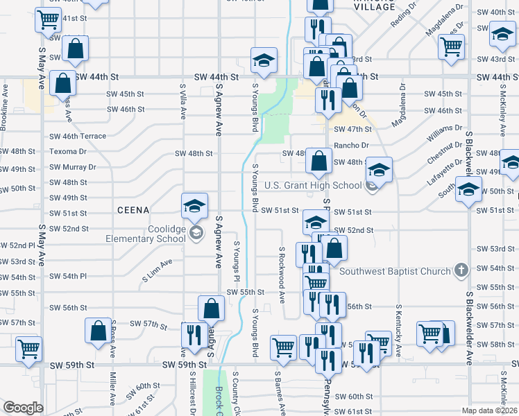map of restaurants, bars, coffee shops, grocery stores, and more near 5213 South Youngs Boulevard in Oklahoma City