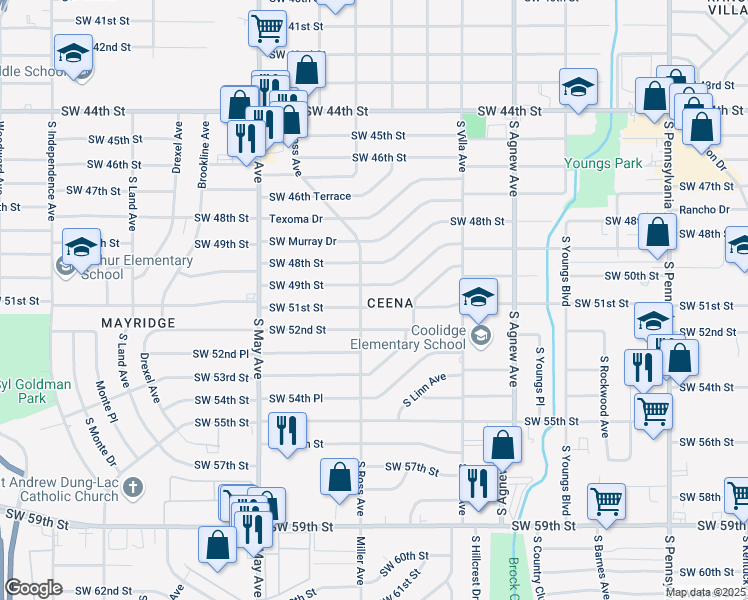 map of restaurants, bars, coffee shops, grocery stores, and more near 2620 Southwest 51st Street in Oklahoma City