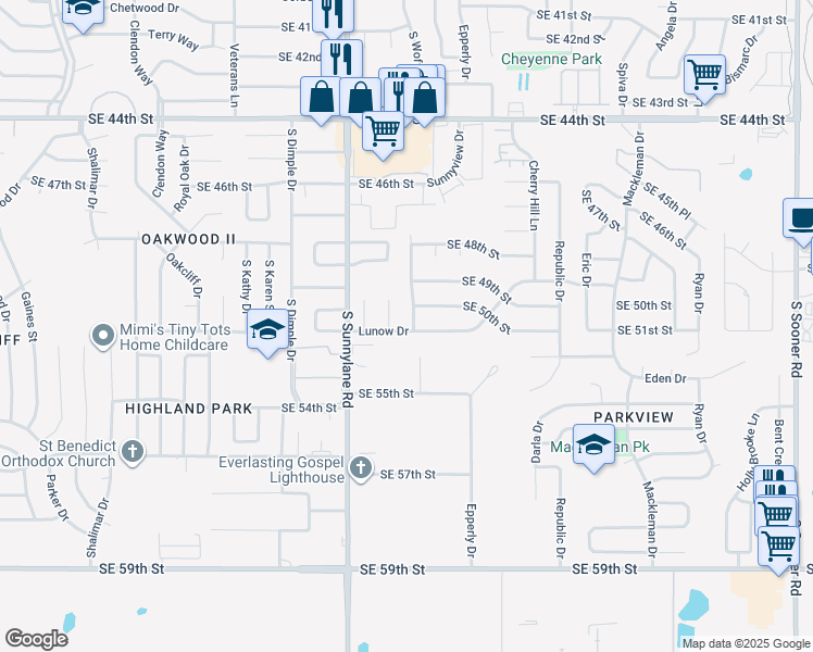 map of restaurants, bars, coffee shops, grocery stores, and more near 4500 Lunow Drive in Oklahoma City