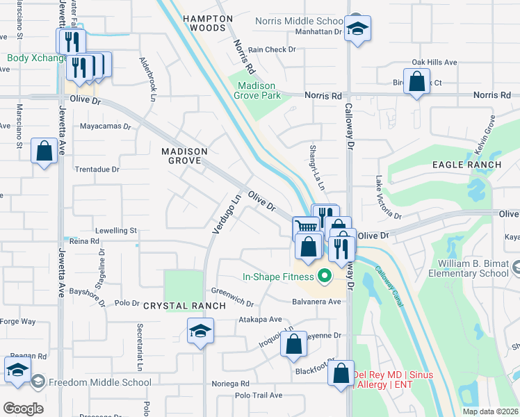 map of restaurants, bars, coffee shops, grocery stores, and more near 10119 Seven Falls Avenue in Bakersfield