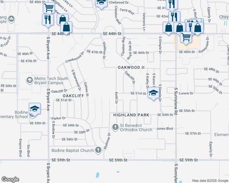 map of restaurants, bars, coffee shops, grocery stores, and more near 5200 Shalimar Drive in Oklahoma City