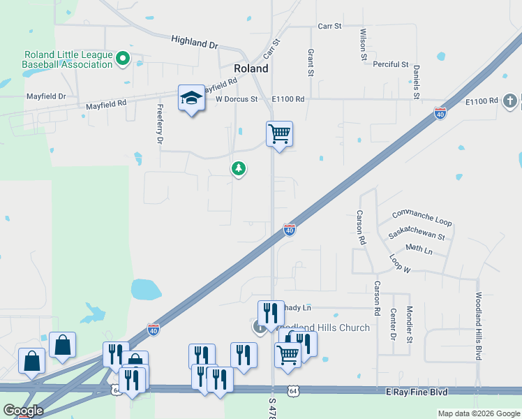 map of restaurants, bars, coffee shops, grocery stores, and more near 310 South Roland Road in Roland